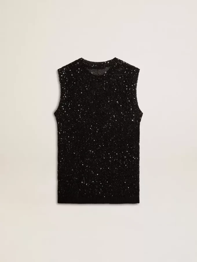 Top de malla negra con lentejuelas y detalles en contraste Top de malla negra con lentejuelas y detalles en contraste