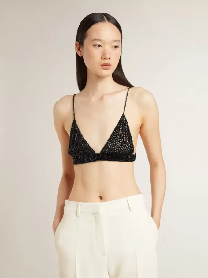 Top negro de croché con cristales para mujer Top negro de croché con cristales para mujer