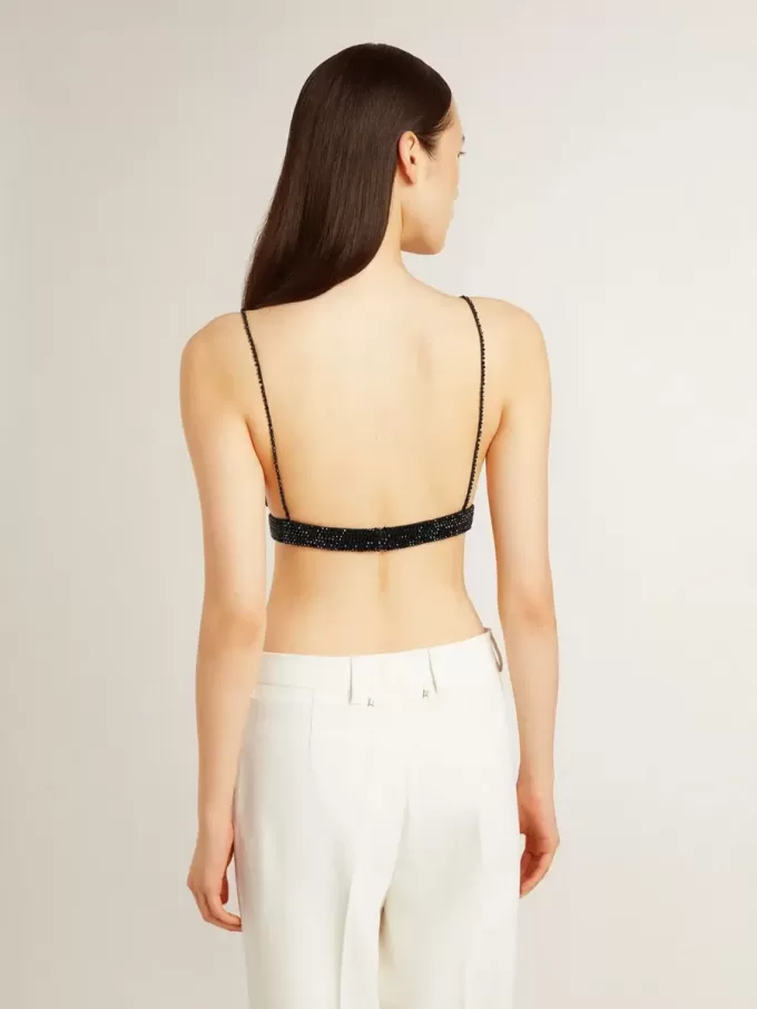 Top negro de croché con cristales para mujer Top negro de croché con cristales para mujer
