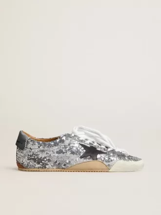 True-Star para mujer con lentejuelas plateadas, estrella negra y lengüeta de cuero plateado en el talón