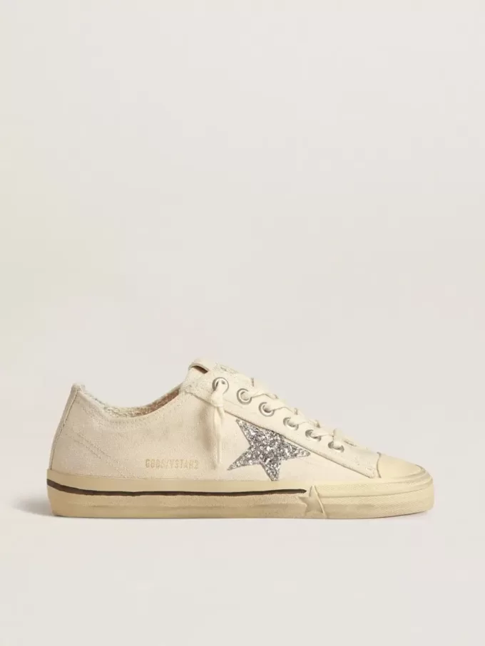 V-Star en lona beige con estrella plateada brillante