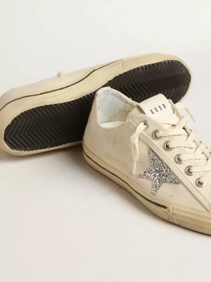 V-Star en lona beige con estrella plateada brillante