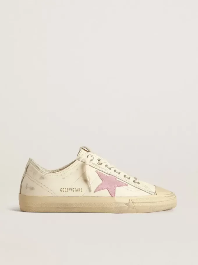 V-Star en piel napa beige con estrella de ante rosa antiguo