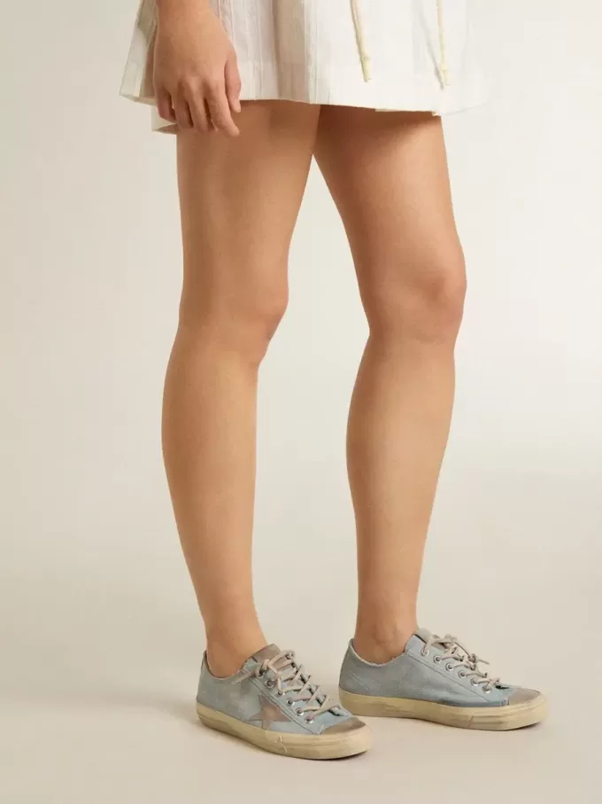 V-Star para mujer en lona azul claro con estrella de piel gris paloma V-Star para mujer en lona azul claro con estrella de piel gris paloma