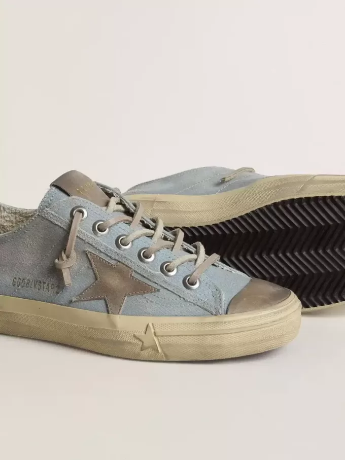 V-Star para mujer en lona azul claro con estrella de piel gris paloma V-Star para mujer en lona azul claro con estrella de piel gris paloma