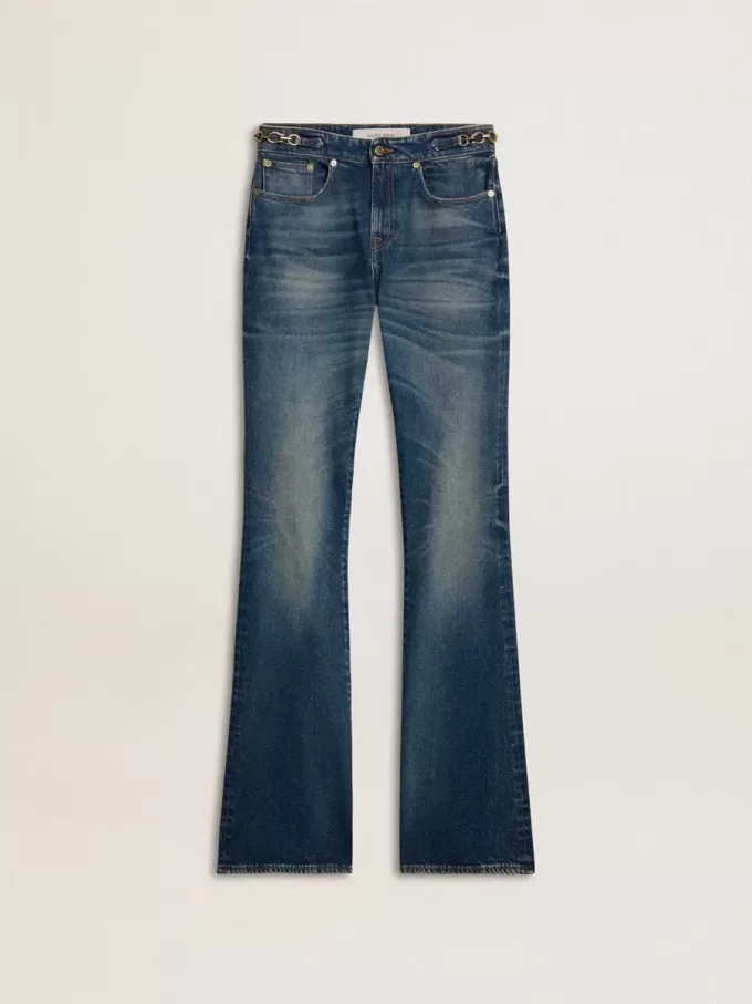 Vaqueros bootcut para mujer con lavado vintage y detalles metálicos Vaqueros bootcut para mujer con lavado vintage y detalles metálicos