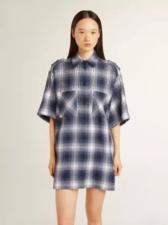 Vestido camisero corto de mujer con estampado de cuadros 3D y bordados