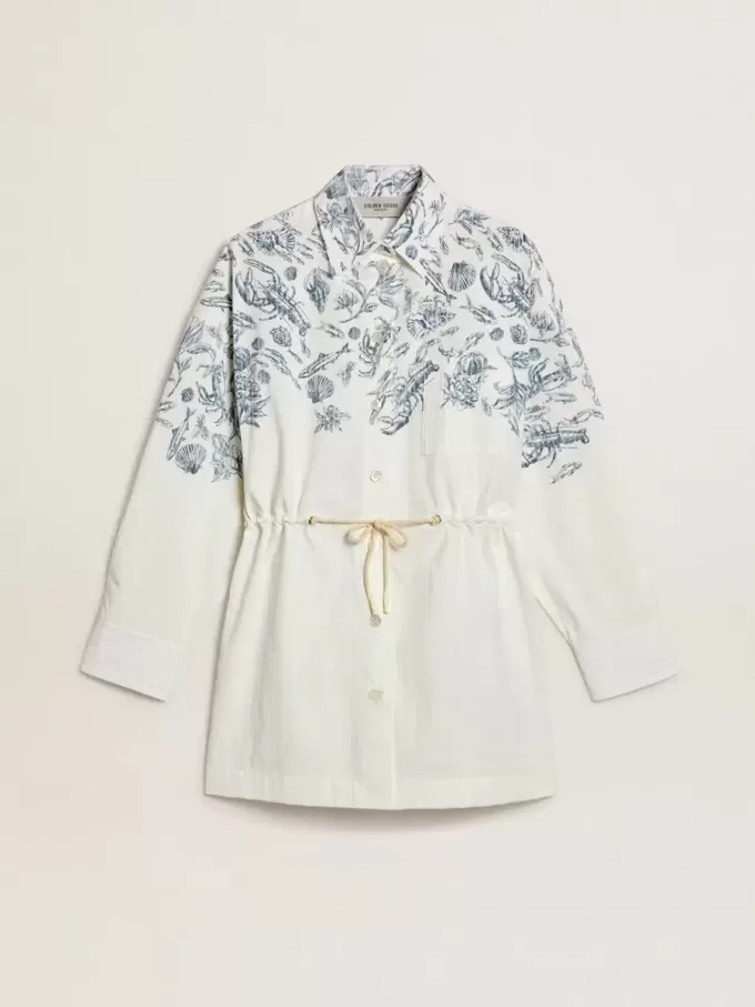 Vestido camisero corto de mujer en algodón a rayas blancas con estampado azul marino Vestido camisero corto de mujer en algodón a rayas blancas con estampado azul marino