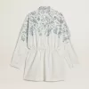 Vestido camisero corto de mujer en algodón a rayas blancas con estampado azul marino Vestido camisero corto de mujer en algodón a rayas blancas con estampado azul marino
