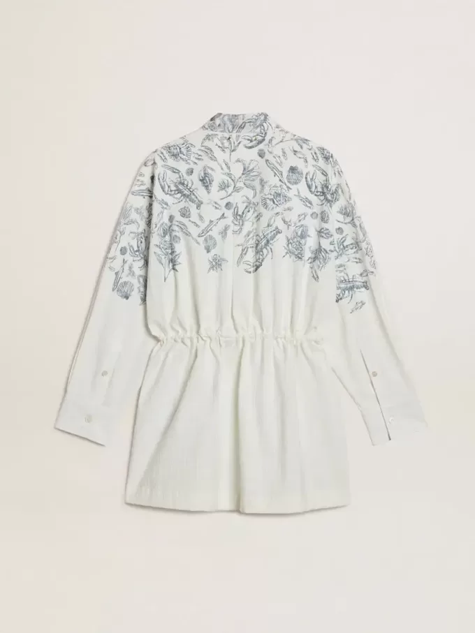Vestido camisero corto de mujer en algodón a rayas blancas con estampado azul marino Vestido camisero corto de mujer en algodón a rayas blancas con estampado azul marino