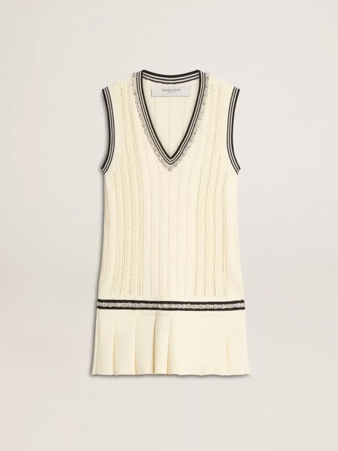 Vestido camisero de algodón blanco desgastado para mujer con ribetes azul oscuro y cristales Vestido camisero de algodón blanco desgastado para mujer con ribetes azul oscuro y cristales