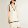 Vestido camisero de algodón blanco desgastado para mujer con ribetes azul oscuro y cristales Vestido camisero de algodón blanco desgastado para mujer con ribetes azul oscuro y cristales