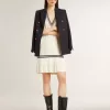 Vestido camisero de algodón blanco desgastado para mujer con ribetes azul oscuro y cristales Vestido camisero de algodón blanco desgastado para mujer con ribetes azul oscuro y cristales