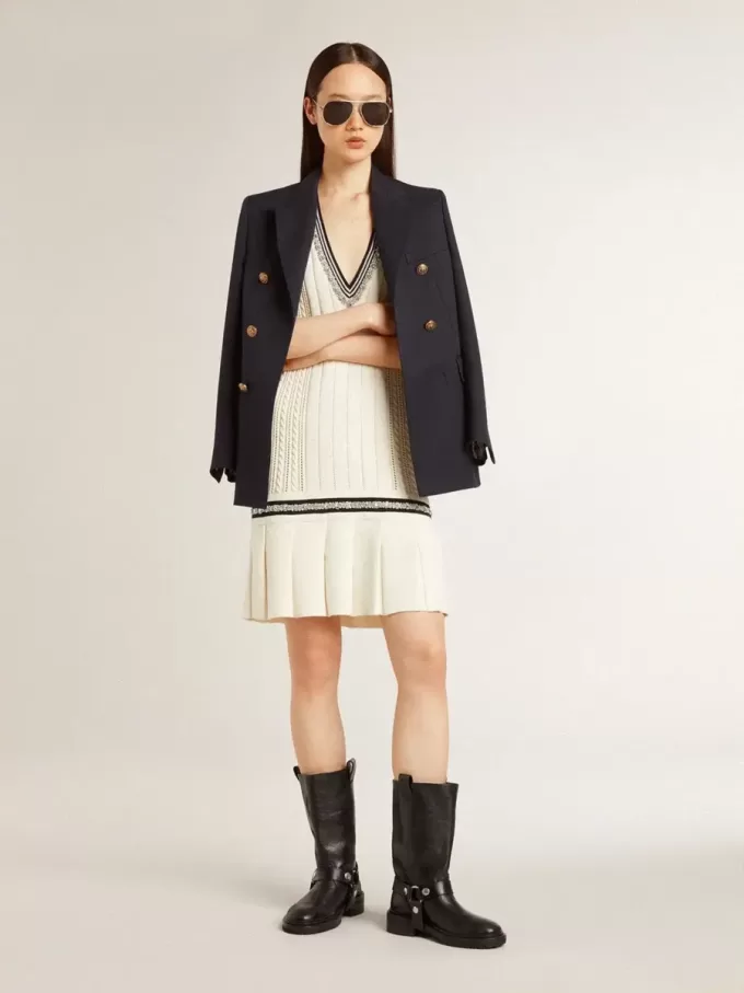 Vestido camisero de algodón blanco desgastado para mujer con ribetes azul oscuro y cristales Vestido camisero de algodón blanco desgastado para mujer con ribetes azul oscuro y cristales