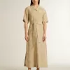 Vestido camisero de manga corta para mujer en jacquard floral beige Vestido camisero de manga corta para mujer en jacquard floral beige