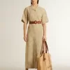 Vestido camisero de manga corta para mujer en jacquard floral beige Vestido camisero de manga corta para mujer en jacquard floral beige