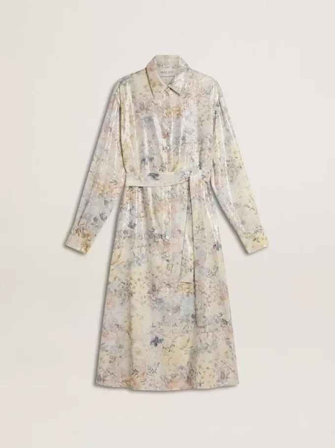 Vestido camisero de mujer con estampado floral multicolor con lentejuelas Vestido camisero de mujer con estampado floral multicolor con lentejuelas