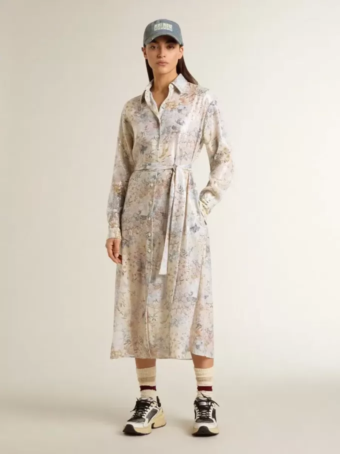 Vestido camisero de mujer con estampado floral multicolor con lentejuelas Vestido camisero de mujer con estampado floral multicolor con lentejuelas