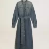 Vestido camisero de mujer en denim con cinturón Vestido camisero de mujer en denim con cinturón