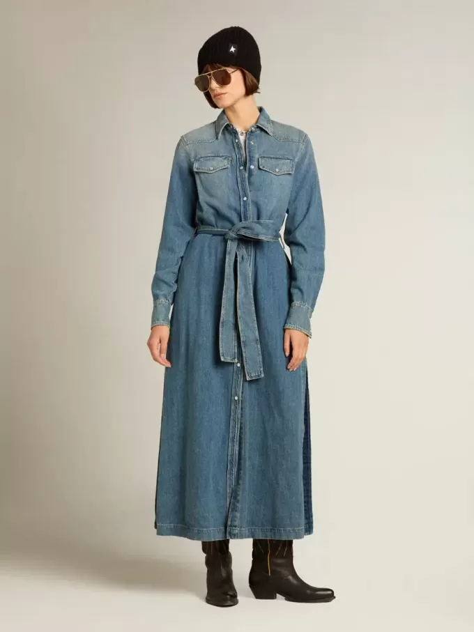 Vestido camisero de mujer en denim con cinturón Vestido camisero de mujer en denim con cinturón