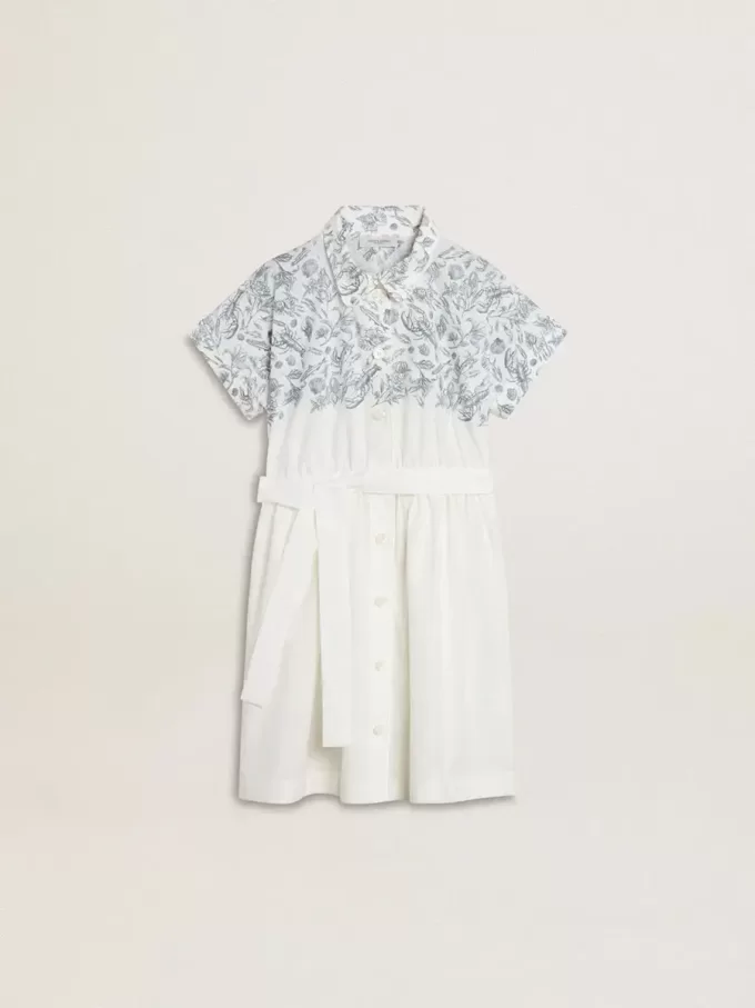 Vestido camisero para niña en lona de algodón blanca con estampado náutico azul y ribetes blancos Vestido camisero para niña en lona de algodón blanca con estampado náutico azul y ribetes blancos