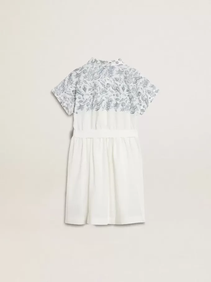 Vestido camisero para niña en lona de algodón blanca con estampado náutico azul y ribetes blancos Vestido camisero para niña en lona de algodón blanca con estampado náutico azul y ribetes blancos