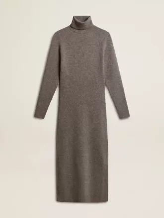 Vestido de lana acanalado gris jaspeado con cuello alto