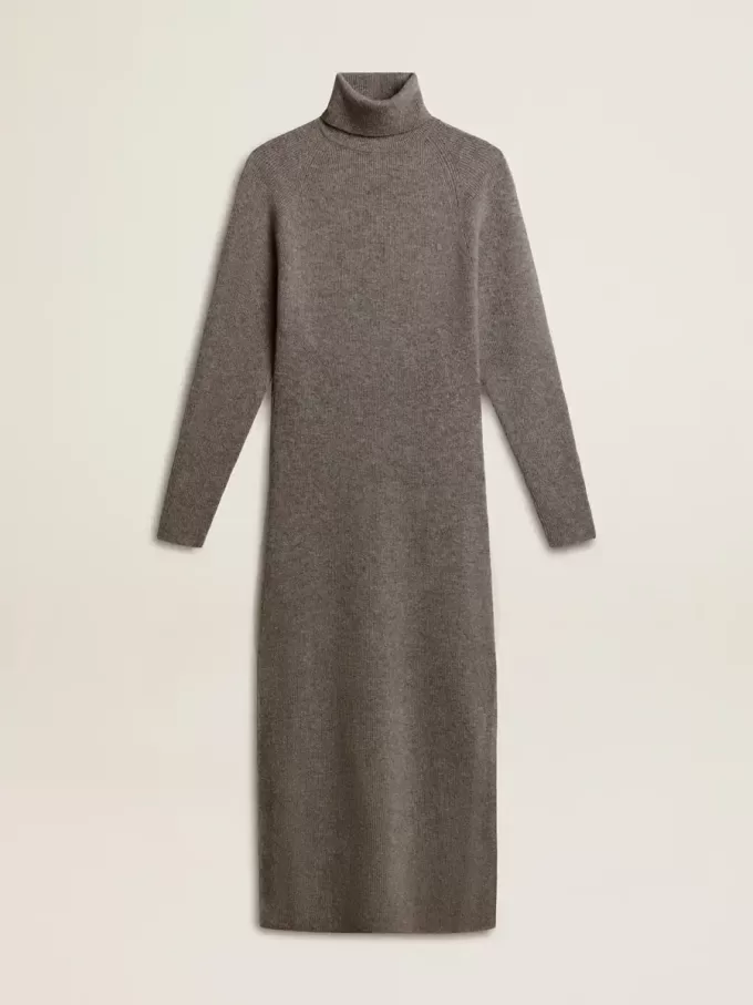 Vestido de lana acanalado gris jaspeado con cuello alto Vestido de lana acanalado gris jaspeado con cuello alto