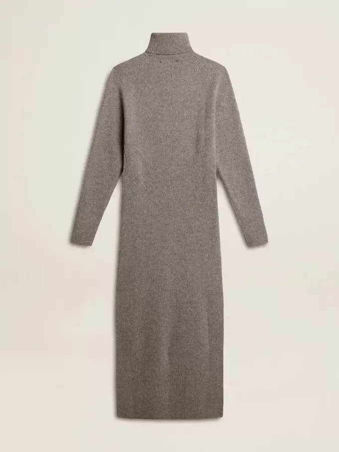 Vestido de lana acanalado gris jaspeado con cuello alto Vestido de lana acanalado gris jaspeado con cuello alto