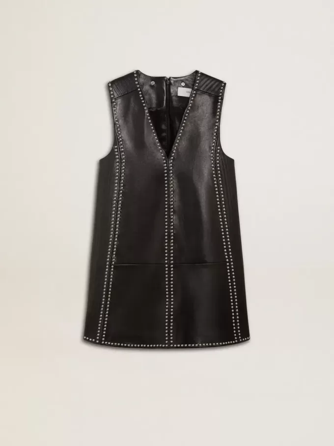 Vestido de mujer de piel napa negra con tachuelas Vestido de mujer de piel napa negra con tachuelas
