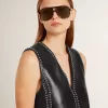 Vestido de mujer de piel napa negra con tachuelas Vestido de mujer de piel napa negra con tachuelas