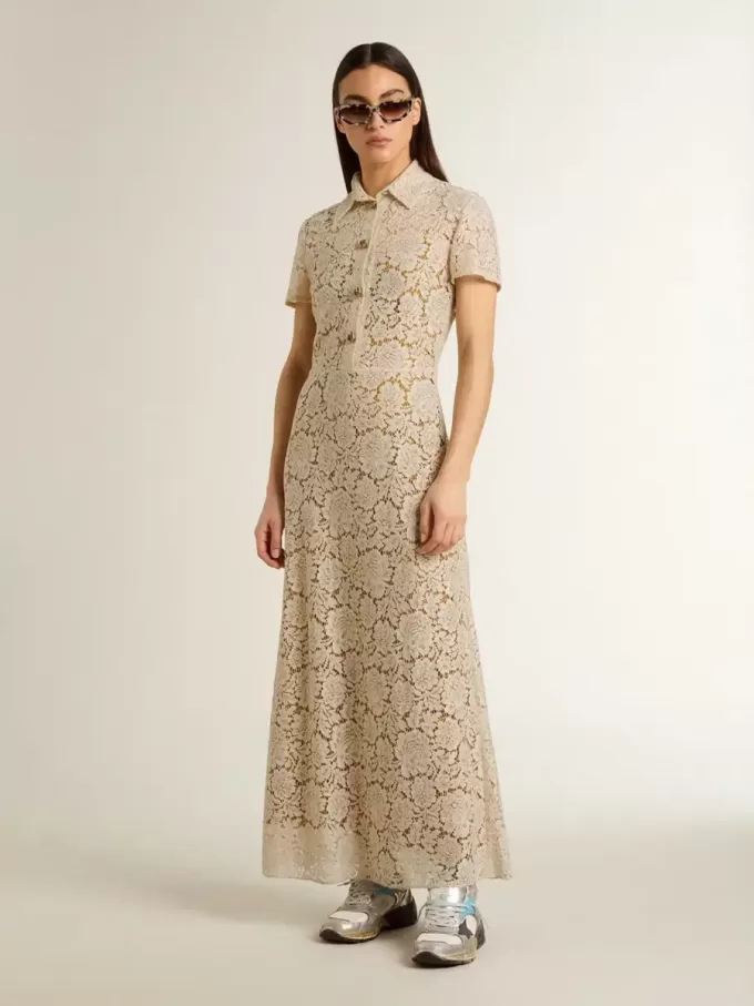 Vestido midi de mujer en encaje transparente color crema Vestido midi de mujer en encaje transparente color crema