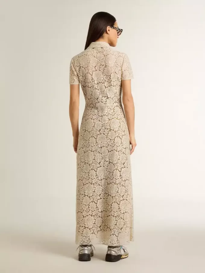 Vestido midi de mujer en encaje transparente color crema Vestido midi de mujer en encaje transparente color crema