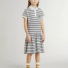 Vestido midi para niña en mezcla de algodón a rayas con bordados Vestido midi para niña en mezcla de algodón a rayas con bordados
