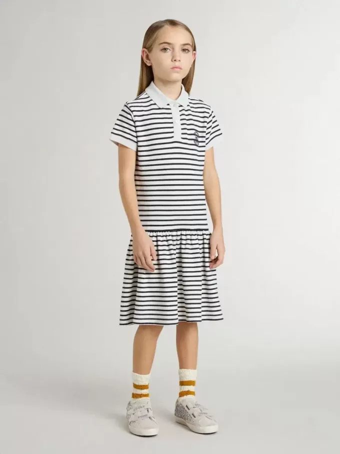 Vestido midi para niña en mezcla de algodón a rayas con bordados Vestido midi para niña en mezcla de algodón a rayas con bordados