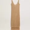 Vestido midi sin mangas para mujer en croché beige con flecos Vestido midi sin mangas para mujer en croché beige con flecos