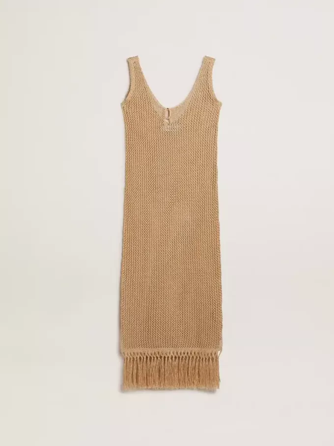 Vestido midi sin mangas para mujer en croché beige con flecos Vestido midi sin mangas para mujer en croché beige con flecos