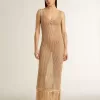 Vestido midi sin mangas para mujer en croché beige con flecos Vestido midi sin mangas para mujer en croché beige con flecos
