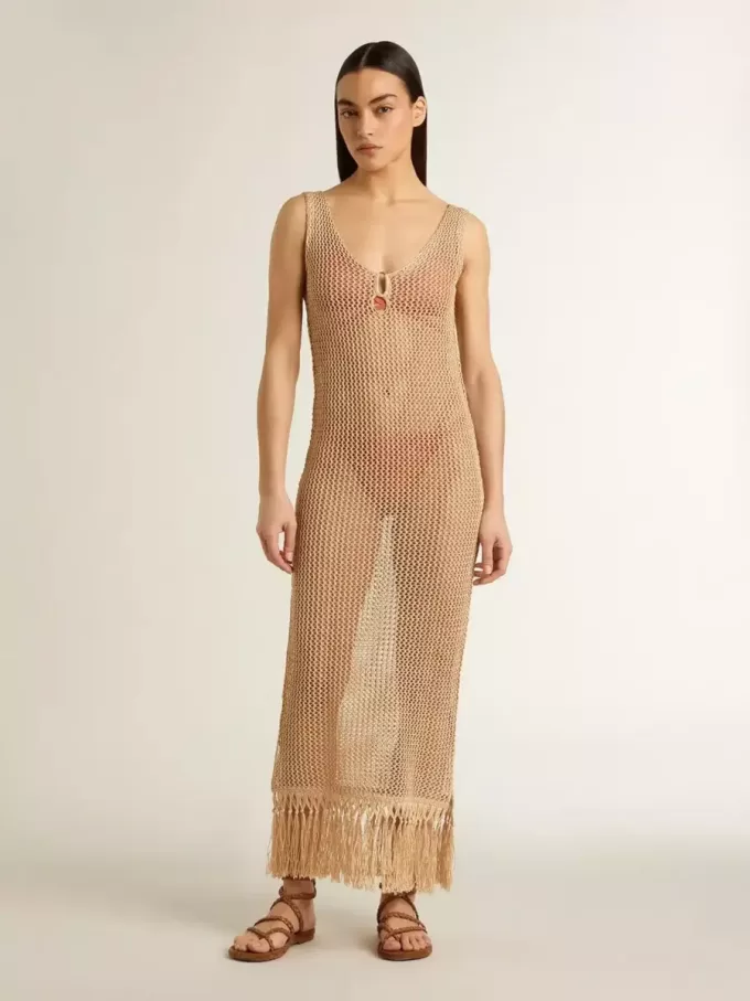 Vestido midi sin mangas para mujer en croché beige con flecos Vestido midi sin mangas para mujer en croché beige con flecos