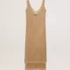 Vestido midi sin mangas para mujer en croché beige con flecos Vestido midi sin mangas para mujer en croché beige con flecos