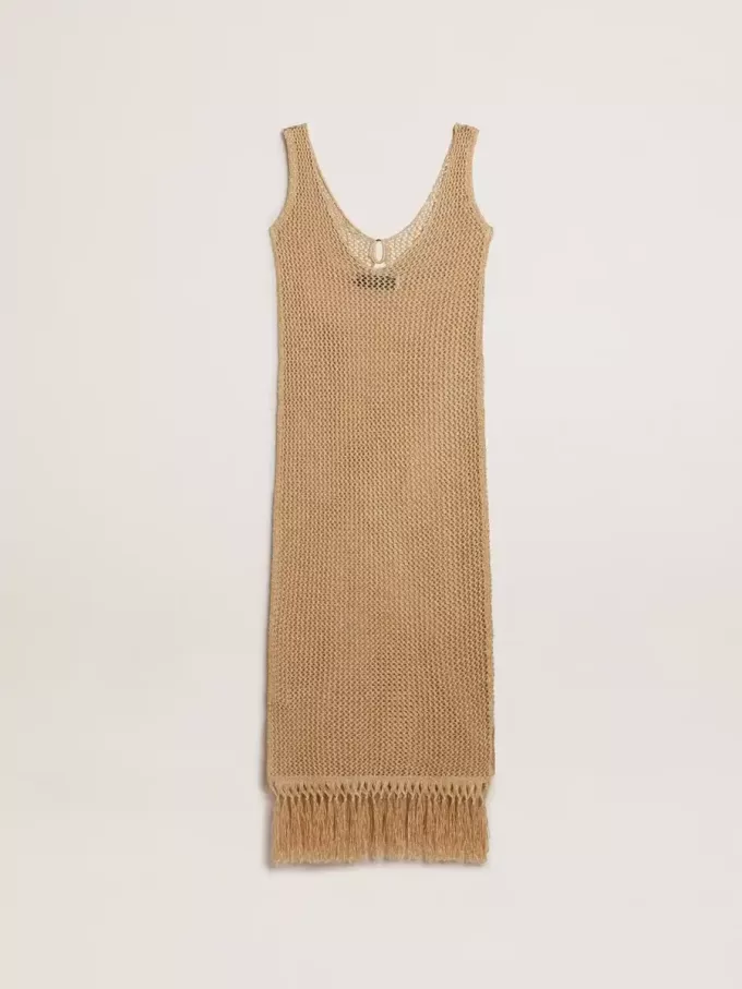 Vestido midi sin mangas para mujer en croché beige con flecos Vestido midi sin mangas para mujer en croché beige con flecos