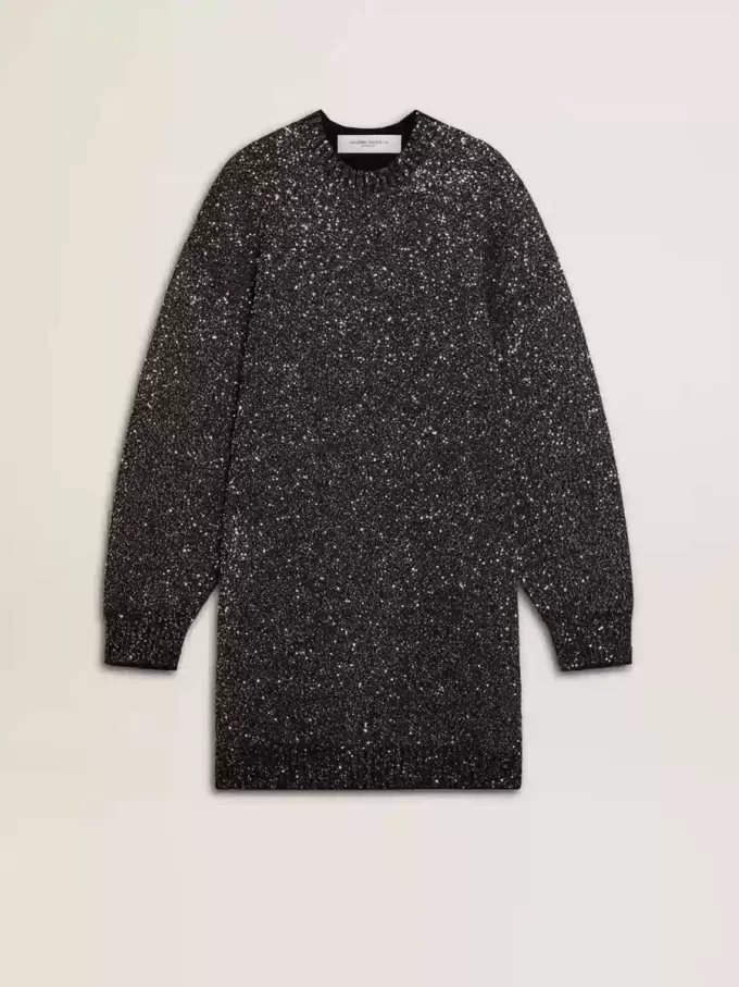 Vestido negro de cuello redondo para mujer con lentejuelas plateadas por toda la prenda Vestido negro de cuello redondo para mujer con lentejuelas plateadas por toda la prenda
