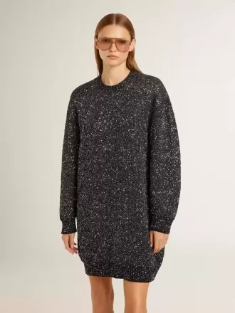 Vestido negro de cuello redondo para mujer con lentejuelas plateadas por toda la prenda
