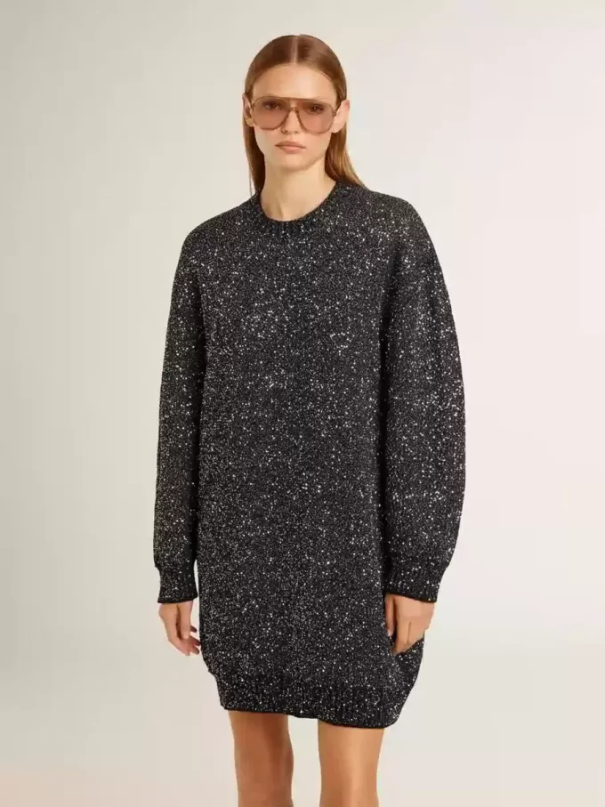 Vestido negro de cuello redondo para mujer con lentejuelas plateadas por toda la prenda Vestido negro de cuello redondo para mujer con lentejuelas plateadas por toda la prenda