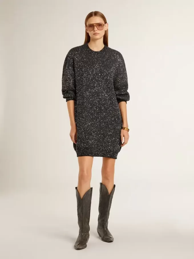 Vestido negro de cuello redondo para mujer con lentejuelas plateadas por toda la prenda Vestido negro de cuello redondo para mujer con lentejuelas plateadas por toda la prenda