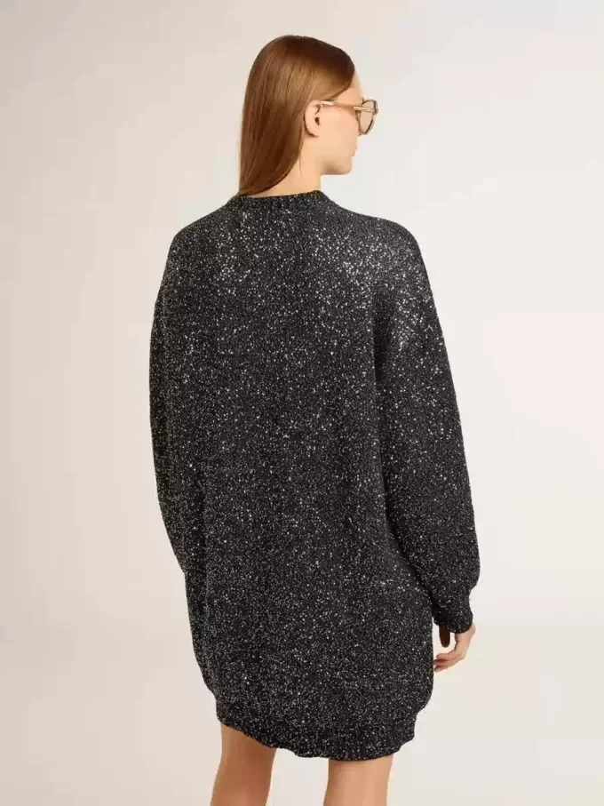 Vestido negro de cuello redondo para mujer con lentejuelas plateadas por toda la prenda Vestido negro de cuello redondo para mujer con lentejuelas plateadas por toda la prenda