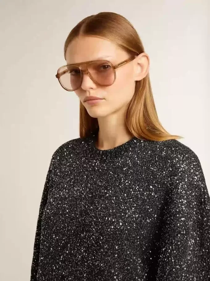 Vestido negro de cuello redondo para mujer con lentejuelas plateadas por toda la prenda Vestido negro de cuello redondo para mujer con lentejuelas plateadas por toda la prenda