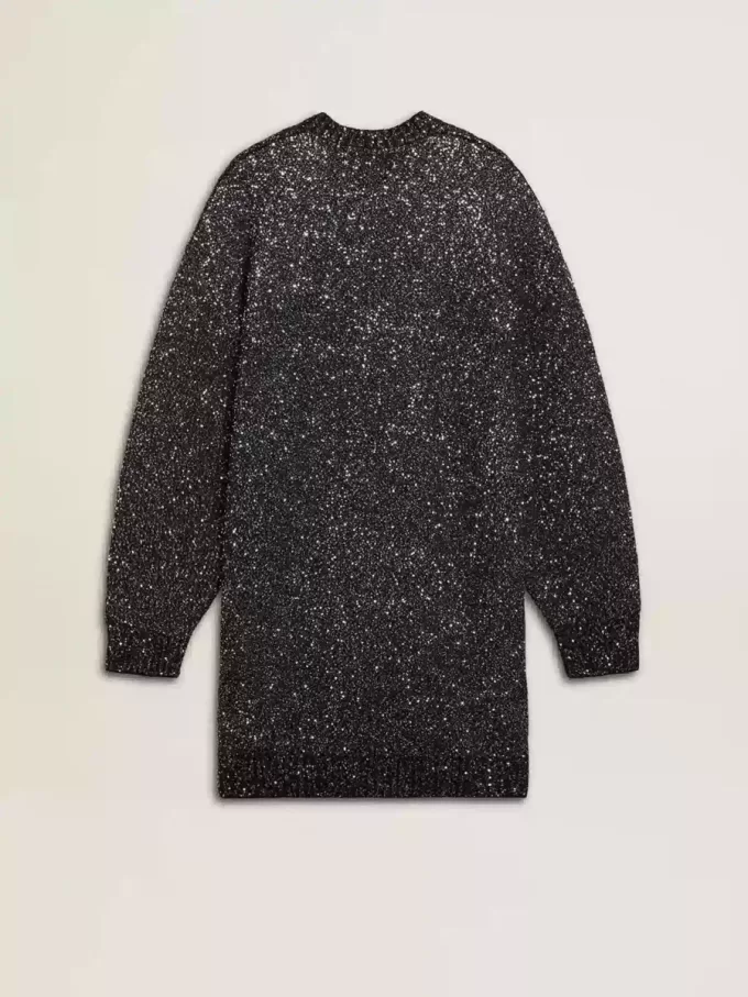 Vestido negro de cuello redondo para mujer con lentejuelas plateadas por toda la prenda Vestido negro de cuello redondo para mujer con lentejuelas plateadas por toda la prenda
