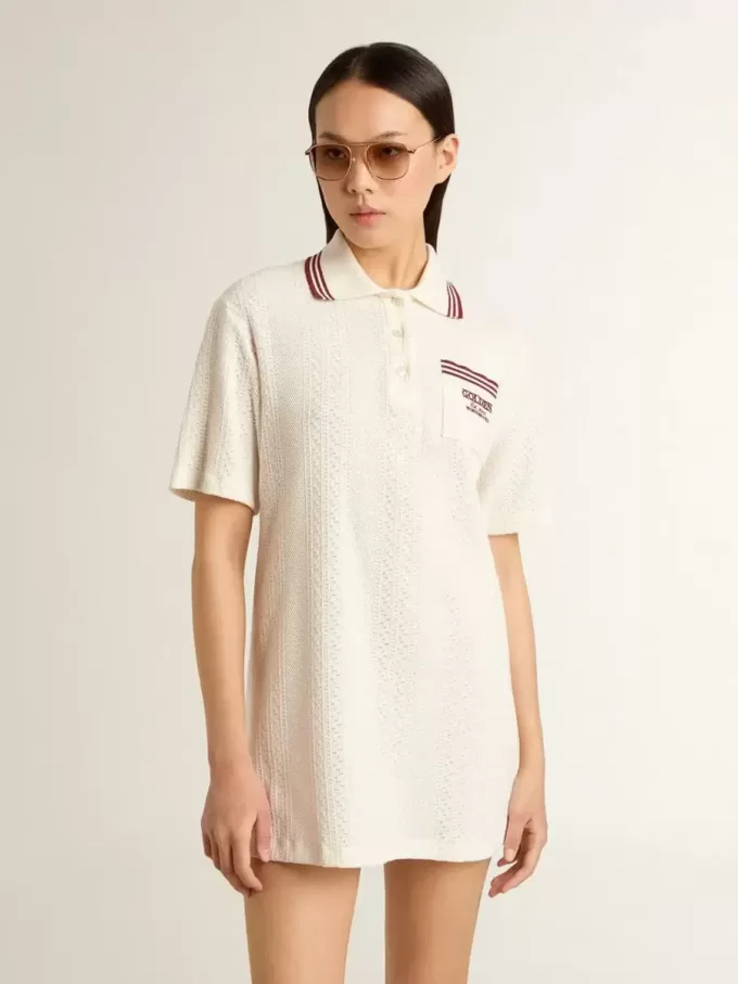Vestido polo Oasis para mujer en jersey perforado blanco con rayas burdeos Vestido polo Oasis para mujer en jersey perforado blanco con rayas burdeos