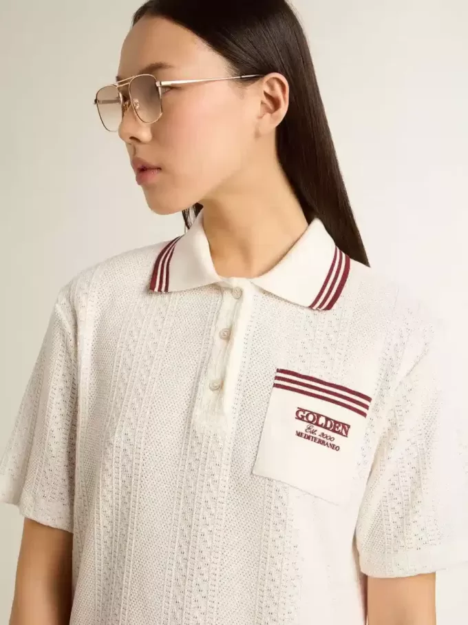 Vestido polo Oasis para mujer en jersey perforado blanco con rayas burdeos Vestido polo Oasis para mujer en jersey perforado blanco con rayas burdeos